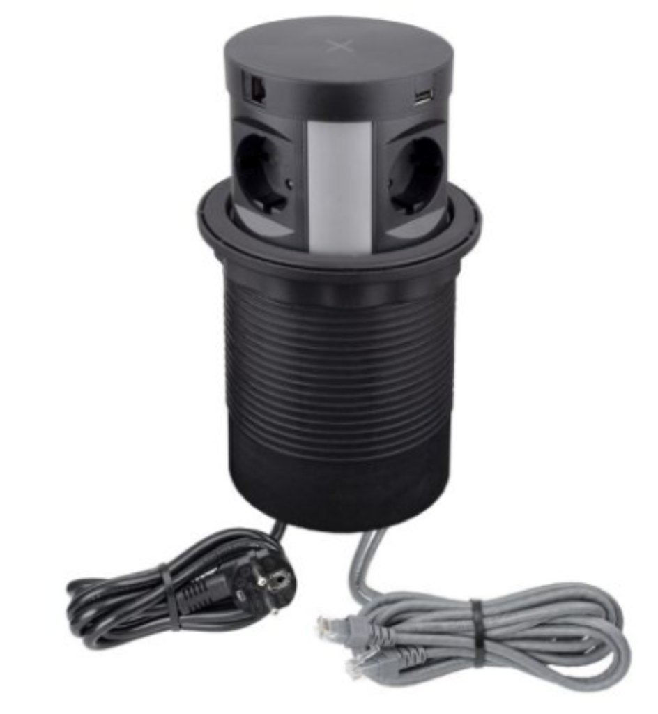 MULTI BOX, black, 4xSCHUKO socket, 1xUSB A, 1xUSB C, 2xRJ45 2m, induction, input cable 1,7m