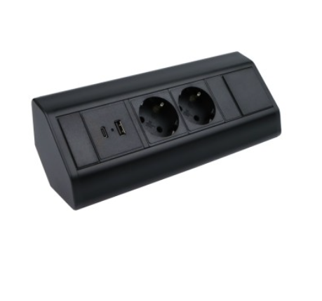 CORNER BOX black, 2x SCHUKO socket, 1xUSB A, 1xUSB C, cable 1.8m