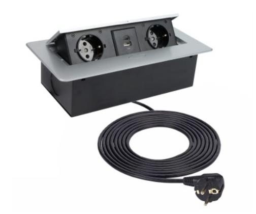 KOMBIBOX 3m cable, aluminium color, 2x SCHUKO socket, 1xUSB A, 1xUSB C