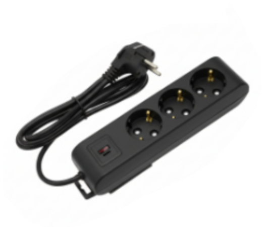 Deco 3PFUSB - Tomada Preta 3 SHUCKO 1xUSB-A + 1xUSB-C cabo 2 metros 16A 3x1.5mm² IP20