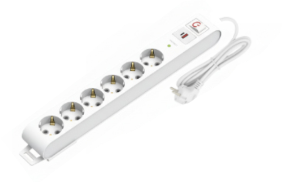 Deco 6PFSP - Tomada Branca 6 SHUCKO c/ interruptor + 1xUSB-A + 1xUSB-C cabo 1.5 metros 16A 3x1.5mm² IP20
