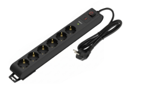 Deco 6PFSP - Tomada Preta 6 SHUCKO c/ interruptor + 1xUSB-A + 1xUSB-C cabo 1.5 metros 16A 3x1.5mm² IP20