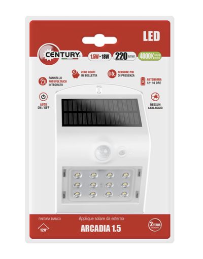 [ACSBL-151240BL] APPLIQUE SOLAR LED ARCADIA 1.5 BIANCO - 1,5W - 4000K - 220 Lm - IP65 - BLISTER 1 pz.
