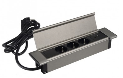 [FLATBOX-SD-3DE-UAC-01] FLAT BOX de aço escovado 3 x SCHUCO, 1 x USB type A, 1 x USB type C, cabo input 1,8m