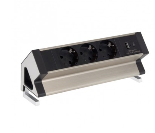 [DESKBOX-SD-3DE-UAC-01] DESK BOX brushed steel, 3xSCHUKO socket, 1xUSB A, 1xUSB C, input cable 1,8m