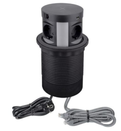 [MULTIBOX-CZ-4DE-UAC-RJ-01] MULTI BOX, black, 4xSCHUKO socket, 1xUSA A, 1zUSB C, 2xRJ45 2m, induction, input cable dl 1,7