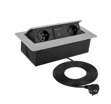 [KOMB-AL-2DE-UAC-1,5-01W] KOMBI BOX Alumínio, 2xSCHUKO, 1xUSB A, 1xUSB C, 1,5m