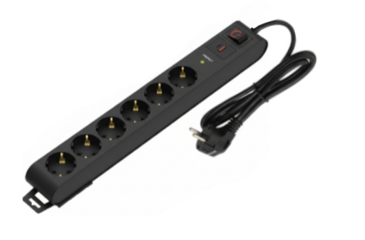 [8699490918708] Deco 6PFSP - Tomada Preta 6 SHUCKO c/ interruptor + 1xUSB-A + 1xUSB-C cabo 1.5 metros 16A 3x1.5mm² IP20