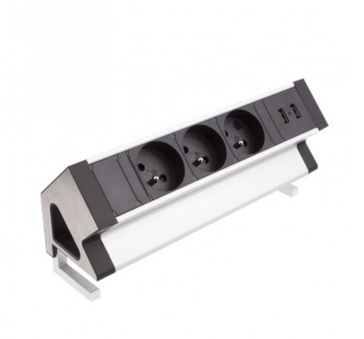 [Deskbox-ALU-3FR-U-2-01] Caixa de mesa de alumínio, soquete de 3 x FR, 2 x USB tipo A, Cabo fundido 1,8m