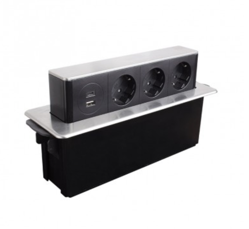 [HopBox-SD-3DE-UC-2-01] Bloco de tomadas em linha, aluminio, 3xschucko, 1 x USB tipo A, 1 x USB tipo C, cabo