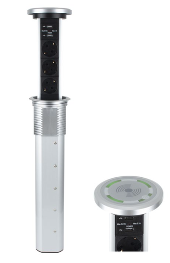 [LIFTBOX-A-CZ-3DE-U-B-01] Caixa de elevação automática preta 3x schuco + 2x soquete USB + carregador sem fio 2m cabo