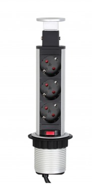 [LiftBox-ALU-3DE-01] Bloco de tomadas elevatório 60mm, aluminio, 3x Schucko, cabo de 1,8m